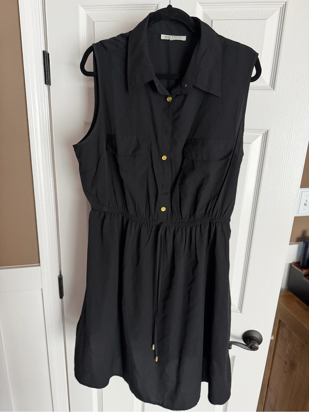 Sleeveless Black Mini Shirt Dress with Gold Buttons